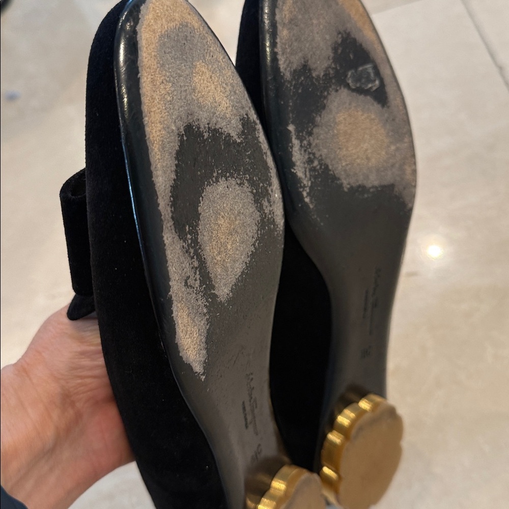 Salvatore Ferragamo Black Velvet Flats with Gold Detail - Picture 6 of 7